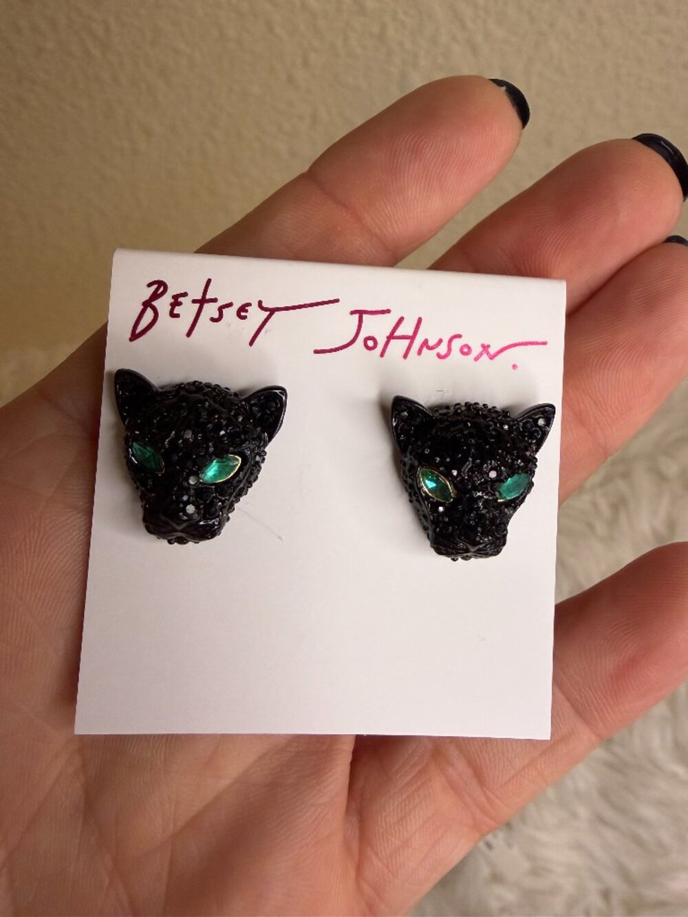 Betsey Johnson Black Cat Panther Green Eyes Rhinestone Stud Earrings NWT